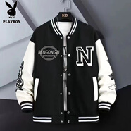 花花公子（PLAYBOY）加絨加厚棒球服外套男秋冬季青少年防寒保暖夾克潮流帥氣寬松褂子 WT79/黑色 薄款 S