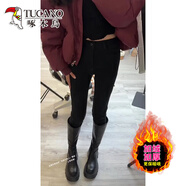 啄木鳥(niǎo)四面彈緊身牛仔褲女秋冬加絨小腳褲高腰修身顯瘦大碼胖mm鉛筆靴褲 黑色 加絨 30 121-130斤選