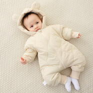 YEEHOO英氏新生兒服裝，冬季連衣褲與兜帽和天鵝絨，加厚長(cháng)袖連衣褲為0 【羽絨棉連體】米色 90cm