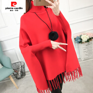 皮爾卡丹（pierre cardin）高領(lǐng)毛衣女套頭秋冬新款韓版寬松大碼流蘇針織蝙蝠衫斗篷外套 大紅色 S