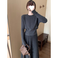 羊絨高腰顯瘦氣質(zhì)百褶半身裙韓版百搭休閑淑女針織打底衫女 上衣【深灰】 均碼 【-130】