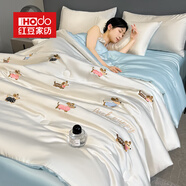 紅豆夏季輕奢刺繡冰絲四件套裸睡高級感空調夏涼被套件床上用品可機洗 臘腸狗-奶白藍 【絲滑涼爽裸睡】 2.0*2.3m夏涼被四件套/ 床單款 .