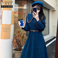 啄木鳥(niǎo)微胖女孩大碼秋冬季赫本風(fēng)長(cháng)袖假兩件燈芯絨背帶連衣裙子遮肚顯瘦 藍色 送腰帶 L 建議100-120斤