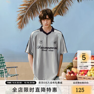 SuaMoment抓痕條紋翻領(lǐng)字母短袖T恤男女夏季復(fù)古休閑運(yùn)動(dòng)體恤上衣 銀色 L