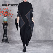 夏典素訂女王（SE.PSTP）新款高端針織毛衣連衣裙秋冬長(cháng)款垂墜感顯瘦氣質(zhì)大碼寬松彈力裙子 幾何圖案針織連衣裙黑 均碼