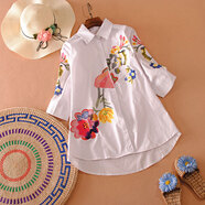 大碼女裝2021新刺繡花A字版大擺寬松休閑襯衫女七分袖碎花白襯衣 白色 M