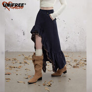 UNIFREE格紋拼接半身裙女不規則設計感荷葉邊性感長(cháng)款裙子 藏藍色 S