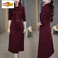 初徑設計感百搭加絨保暖打底裙子女年秋冬新款時(shí)尚氣質(zhì)顯瘦連衣裙 紅色 【圍巾+連衣裙】 2XL 【建議125-135斤)