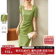 尚都比拉夏季時尚抽褶設(shè)計方領(lǐng)泡泡袖收腰修身連衣裙 綠色Q22L43697  M
