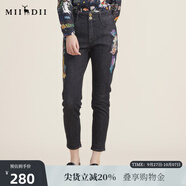 謎底2022秋新款高腰顯瘦圖案繡花緊身小腳牛仔褲女223MK1006 黑色 M