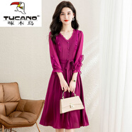 啄木鳥(niǎo)（TUCANO）雪紡連衣裙女春秋季2026年新款氣質(zhì)修身中長(cháng)款小個(gè)子媽媽裙子 玫紅色 L 建議105-115斤