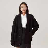 阿瑪施（AMASS）女裝時尚百搭華夫格V領(lǐng)寬松粗棒厚款針織開衫毛衣外套女5499196 黑 S (2碼)