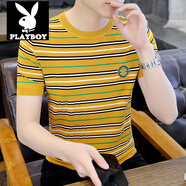 花花公子（PLAYBOY） 男式針織短袖T恤夏季高端修身冰絲圓領(lǐng)上衣薄款休閑格子半袖體恤 7黃色 3XL