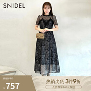 SNIDEL秋冬優(yōu)雅修身半高領(lǐng)短袖微透鏤空刺繡蕾絲連衣裙SWFO234142 黑色 S （0）
