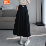 婍妡灰色西裝百褶裙女夏季高腰a字中長(cháng)款半身裙小個(gè)子2025新款 黑色 S 93-105