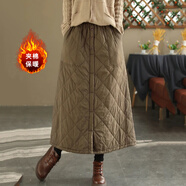 夏典素訂女王（SE.PSTP）復古m媽菱格夾棉保暖半身裙大碼女裝中年老年休閑棉裙高腰長(cháng)款裙 綠色 L 【100-135斤】