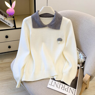 花花公子（PLAYBOY）秋冬新款娃娃領(lǐng)針織衫寬松翻領(lǐng)套頭毛衣春秋顯瘦百搭溫柔淑女上衣 白色 S