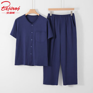 北極絨夏季薄款圓領(lǐng)開衫短袖長褲套裝中老年純棉家居服睡衣男士半袖T恤 深藍(lán)色（短袖+長褲） 2XL （建議120-140斤）