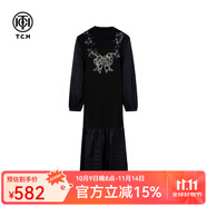 TCH輕奢初秋款潮牌時尚燙鉆拼接設(shè)計感百搭顯瘦連衣裙女T75C30E1060 黑色 M 100-120斤