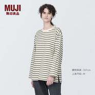 無(wú)印良品（MUJI）女式 粗棉線(xiàn)圓領(lǐng)長(cháng)袖T恤 上衣打底衫女款內搭 純棉秋季休閑女裝 灰色條紋 4S L  (165/88A)