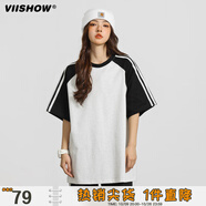 viishow美式復古短袖t恤男夏季寬松oversize潮牌條紋拼接休閑上衣   黑灰拼色 M