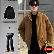 NSFG 美式飛行夾克外套秋季男bomber冬季棉服正肩工裝短款加厚棒球服 【兩件套】棕色棉服款+牛仔褲 XL （145-165斤）