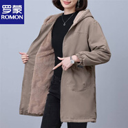 羅蒙（ROMON）官方加絨大碼寬松連帽中長(cháng)款薄外套春秋中老年媽媽裝大口袋保暖 1240#深灰色 6XL 【建議200-220斤】