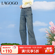 lagogo直筒寬松牛仔褲女拉谷谷春季新款小個子高腰顯瘦闊腿褲 靛藍(lán)色(N0) XL