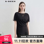 S.DEER圣迪奧女裝復古圓領(lǐng)壓褶盤扣網(wǎng)紗不規(guī)則T恤S24260101 黑色/91 S 160