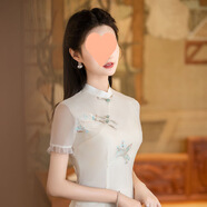 新中式刺繡旗袍小個子短款2025夏季連衣裙改良輕遮肉中國風(fēng) 歐根紗刺繡#【米】#YTQ666D S 身高154以下體重75-84斤