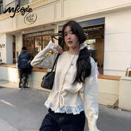 MJ STYLE假兩件蕾絲針織毛衣女2026秋冬裝新款收腰小個(gè)子短款開(kāi)衫外套上衣