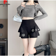 皮爾卡丹2025秋冬新款女韓版顯瘦重工蓬蓬短裙褲性感荷葉邊蛋糕半身裙百搭 黑色 S