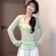 LDBE防曬罩衫長(cháng)袖t恤女2025夏季辣妹疊穿兩件套設計感小眾V領(lǐng)修身上衣 綠色T恤上衣 S 【80-95斤】