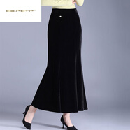 夏典素訂女王（SE.PSTP）金絲絨魚(yú)尾裙長(cháng)裙時(shí)尚氣質(zhì)包臀裙秋冬季厚款半身裙中長(cháng)款洋氣裙子 黑色今年流行的輕奢品牌 M