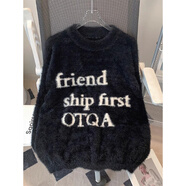 魯雅爾慵懶字母提花毛衣女秋冬季韓版潮流字母針織衫學(xué)生百搭保暖上衣服 黑色 [L碼] 均碼 建議80-150斤