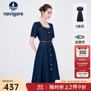 Navigare意大利小帆船短袖連衣裙女士夏季百搭A字裙時尚顯瘦復古牛仔長裙 海軍藍 XL 碼