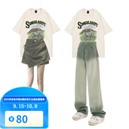 梵奧格（FANAOGE）閨蜜裝學(xué)生夏時(shí)尚兩件套炸街姐妹套搭配一整套顯瘦短袖牛仔褲 白杏色上衣+牛仔短裙褲 S