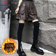 皮爾卡丹黑色加絨松緊腰闊腿PU皮褲女秋冬2025新款靴褲外穿直筒褲休閑短褲 【4798#】咖色加絨 XL