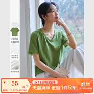 梵希蔓法式V領(lǐng)蕾絲拼接短袖T恤女2025年夏季新款寬松顯瘦打底上衣 A1086 竹青綠 M