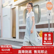 茵曼百搭簡(jiǎn)約風(fēng)牛仔連衣裙兩件套裝夏女裝休閑背帶長(zhǎng)裙子 淺牛仔 L