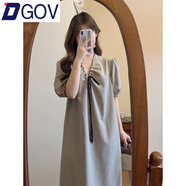 DGOV韓系深V領(lǐng)連衣裙女法式感顯瘦襯衫長(cháng)裙子寬松透氣格子泡泡袖女裝 格子連衣裙 M 【70-100斤】