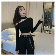 古闌迪莉爵士舞上衣女長(cháng)袖打底衫可外穿秋冬街頭蹈印花小心機露肩鏤空T恤 黑色 S