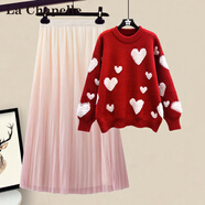 拉夏貝爾（La Chapelle）2025秋冬新款一整套減齡溫柔風(fēng)圓領(lǐng)愛(ài)心針織毛衣漸變裙子兩件套裝 紅色毛衣+粉色半身裙【女士秋裝新款/早秋穿搭高端酷 L