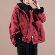 皮爾卡丹（pierre cardin）復古港風(fēng)加絨連帽外套女秋冬寬松顯瘦工裝棉服 紅色 M 建議95-110斤