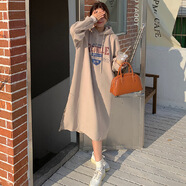 歐美風(fēng)2025秋裝加厚開(kāi)叉衛(wèi)衣裙女 淺卡其 均碼