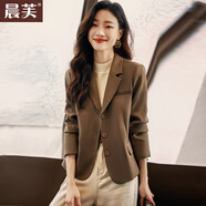 晨芙休閑小西裝外套女春秋時(shí)尚英倫風(fēng)正裝顯瘦小個(gè)子短款氣質(zhì)西服上衣 咖啡色常規【三?？邸?XL 建議110-123斤