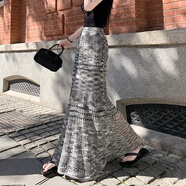 待婉蕾絲花邊針織裙女韓版高腰包臀裙魚(yú)尾半身超長(cháng)拖地裙 黑白 均碼