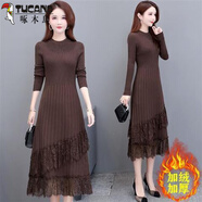 啄木鳥針織毛衣連衣裙女2025秋冬新款蕾絲洋氣百搭長款加絨加厚打底裙子 咖色加絨 S 建議90斤以下