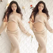 產(chǎn)婦媽媽影樓法式拍照服裝紫色飄帶V領(lǐng)無(wú)袖吊帶連衣裙孕婦光澤感 粗毛線(xiàn)兩件套杏色 均碼