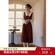 獨(dú)束大碼女裝假兩件撞色襯衫領(lǐng)連衣裙女秋冬微胖mm文藝復(fù)古穿搭裙子 勃艮第紅【適合165左右】 L